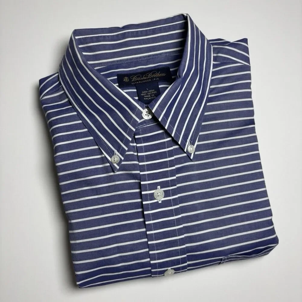 Brooks Brothers Navy Blue Stripped Non iron‎ Men L Button Down Shirt Long Sleeve - Picture 2 of 7